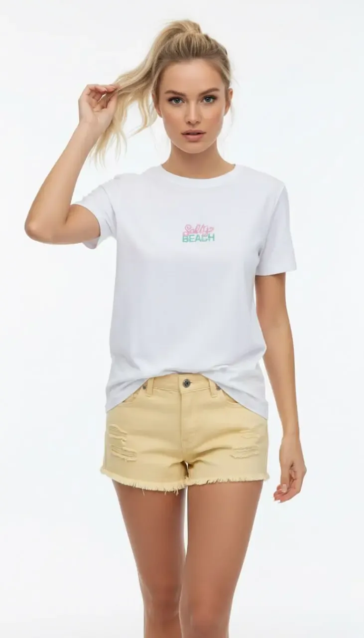 26015 %100 Pamuk Bisiklet Yaka Nakış İşlemeli Penye Bluz