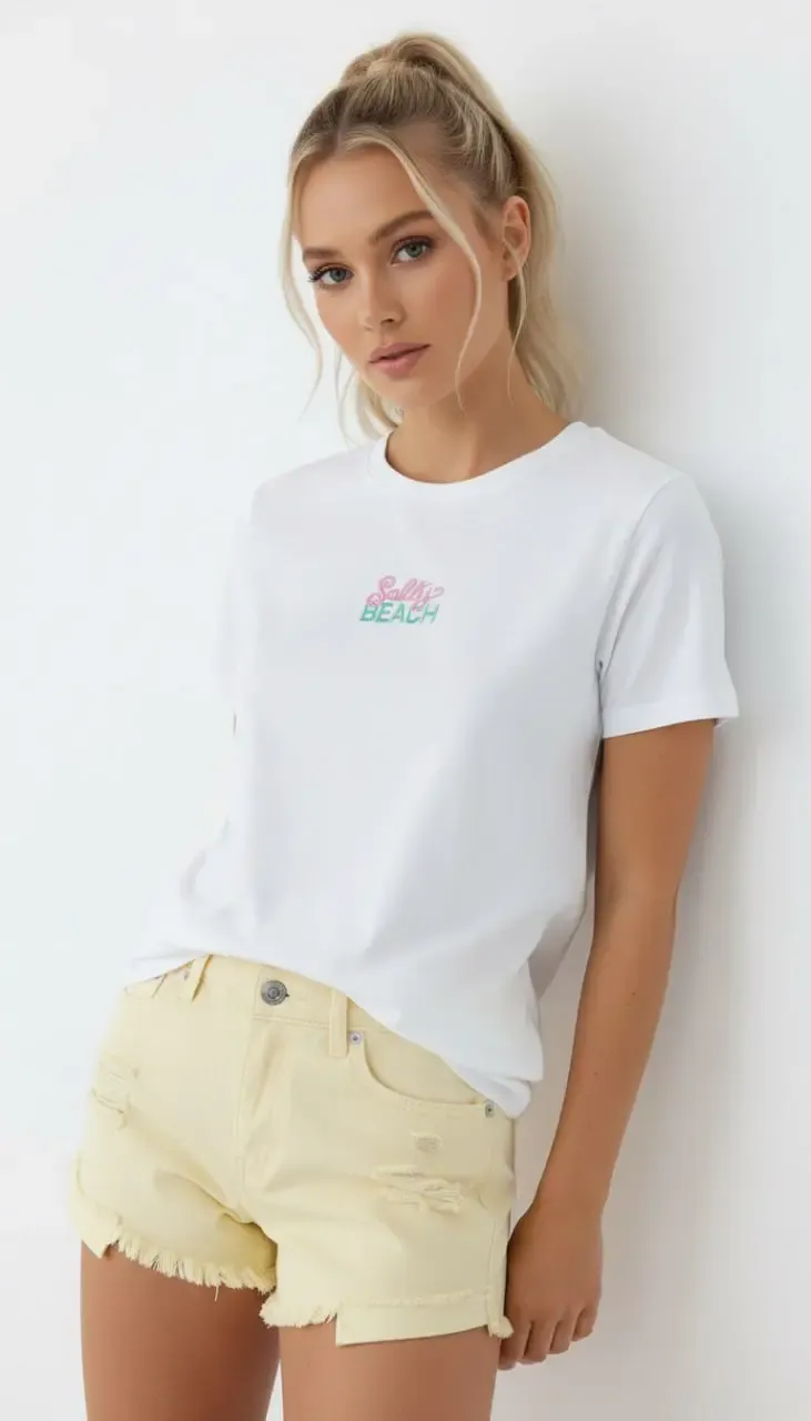 26015 %100 Pamuk Bisiklet Yaka Nakış İşlemeli Penye Bluz