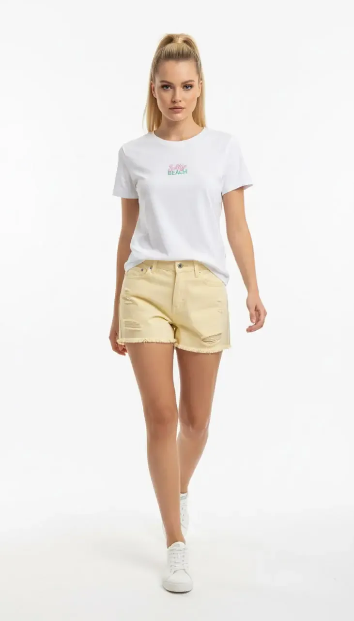 26015 %100 Pamuk Bisiklet Yaka Nakış İşlemeli Penye Bluz