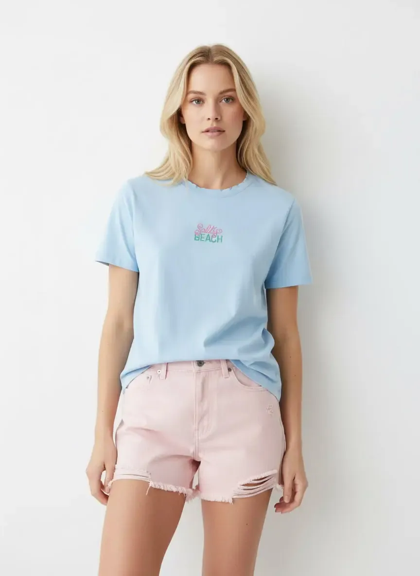 26015 %100 Pamuk Bisiklet Yaka Nakış İşlemeli Penye Bluz