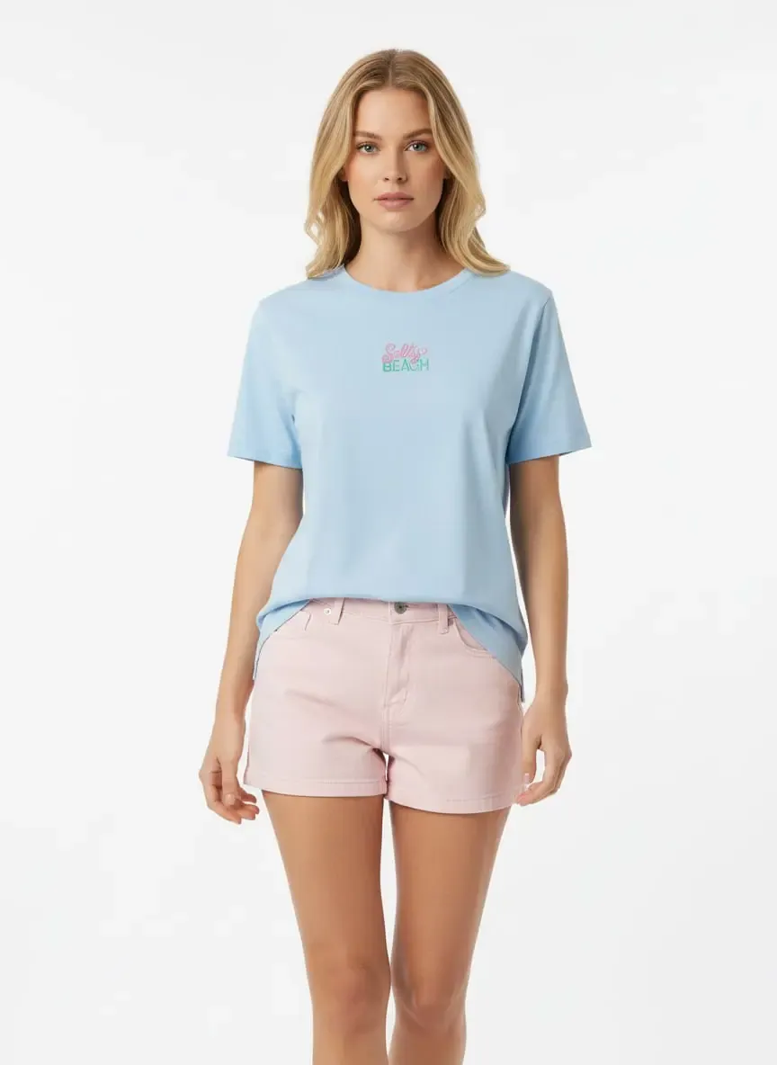 26015 %100 Pamuk Bisiklet Yaka Nakış İşlemeli Penye Bluz