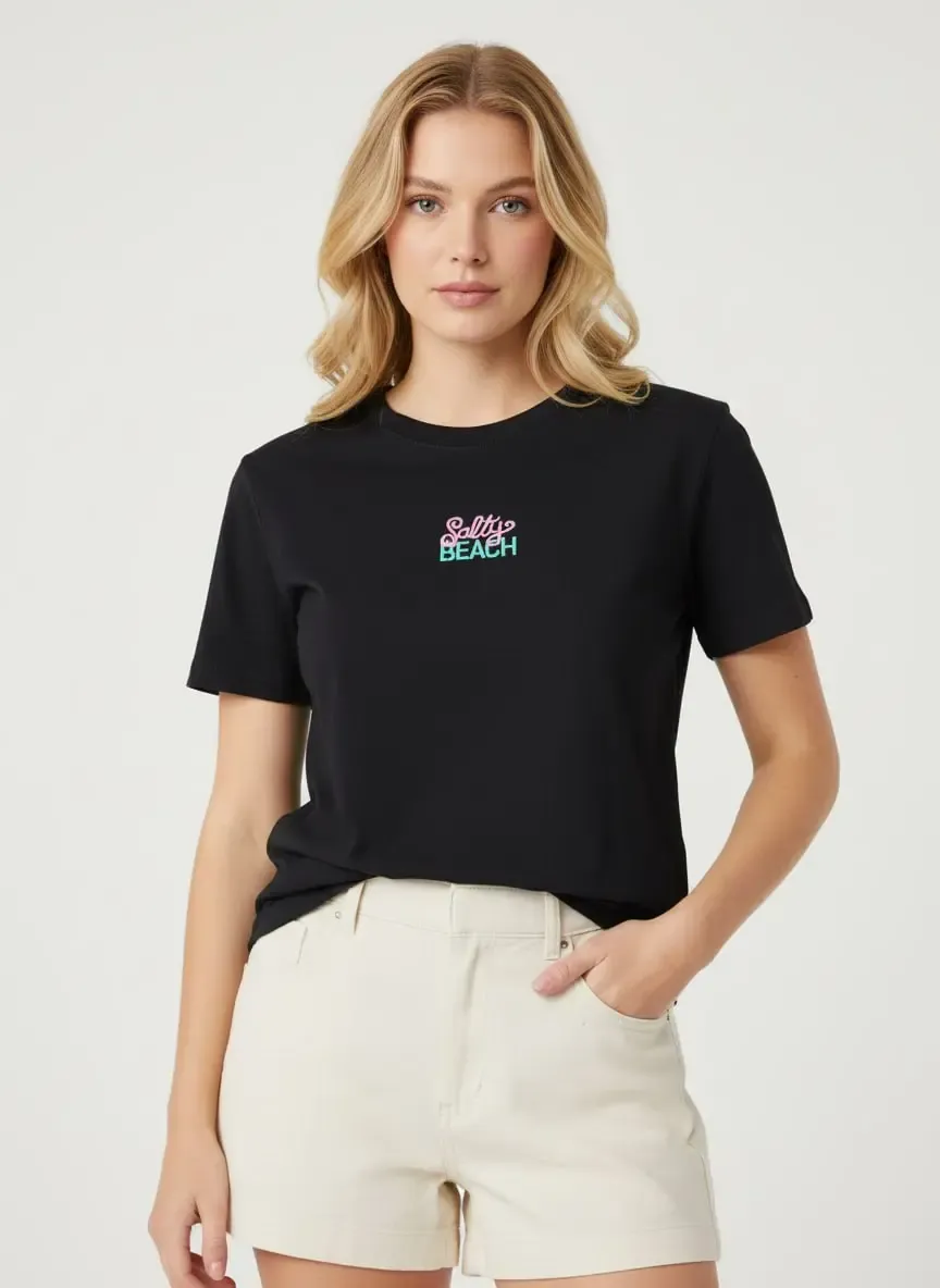 26015 %100 Pamuk Bisiklet Yaka Nakış İşlemeli Penye Bluz