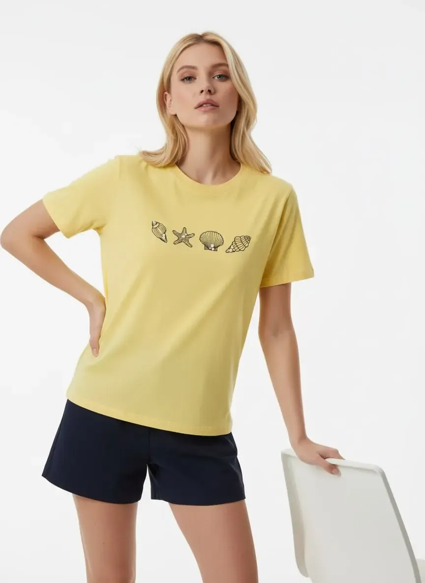 26027 %100 Pamuk Bisiklet Yaka Nakışlı İnci İşlemeli Penye Bluz