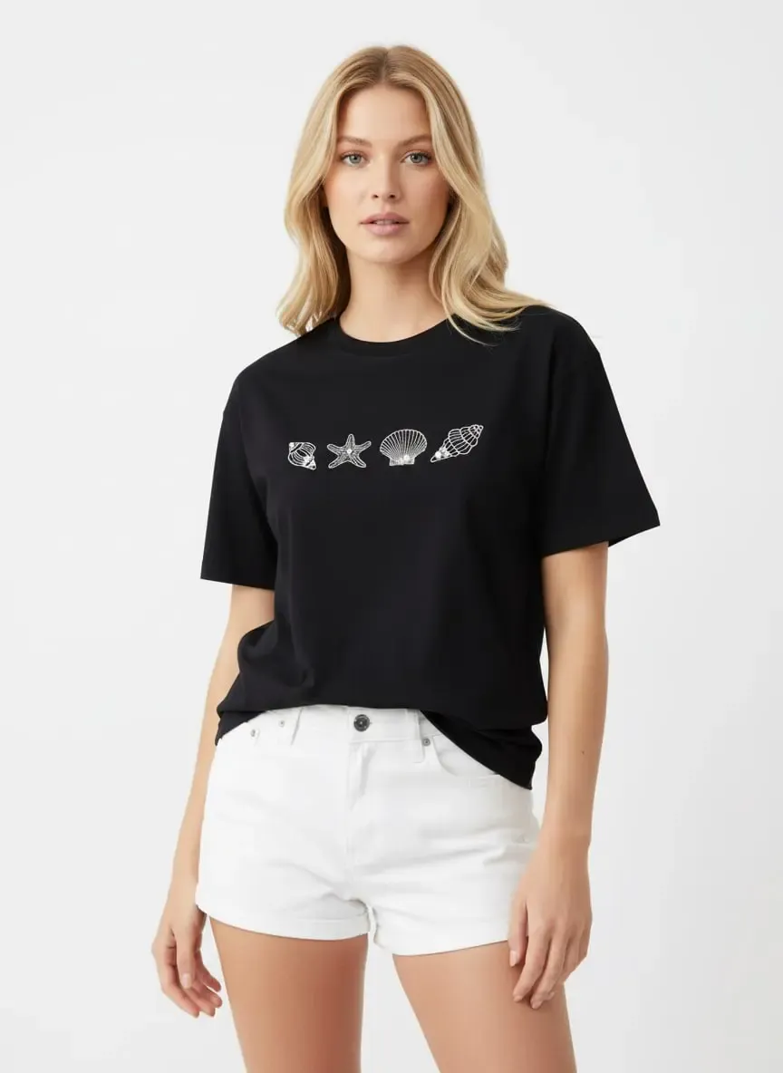 26027 %100 Pamuk Bisiklet Yaka Nakışlı İnci İşlemeli Penye Bluz