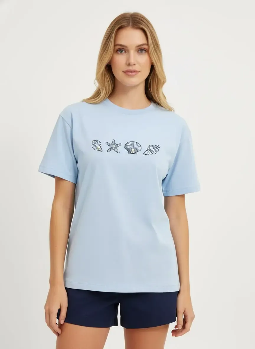 26027 %100 Pamuk Bisiklet Yaka Nakışlı İnci İşlemeli Penye Bluz