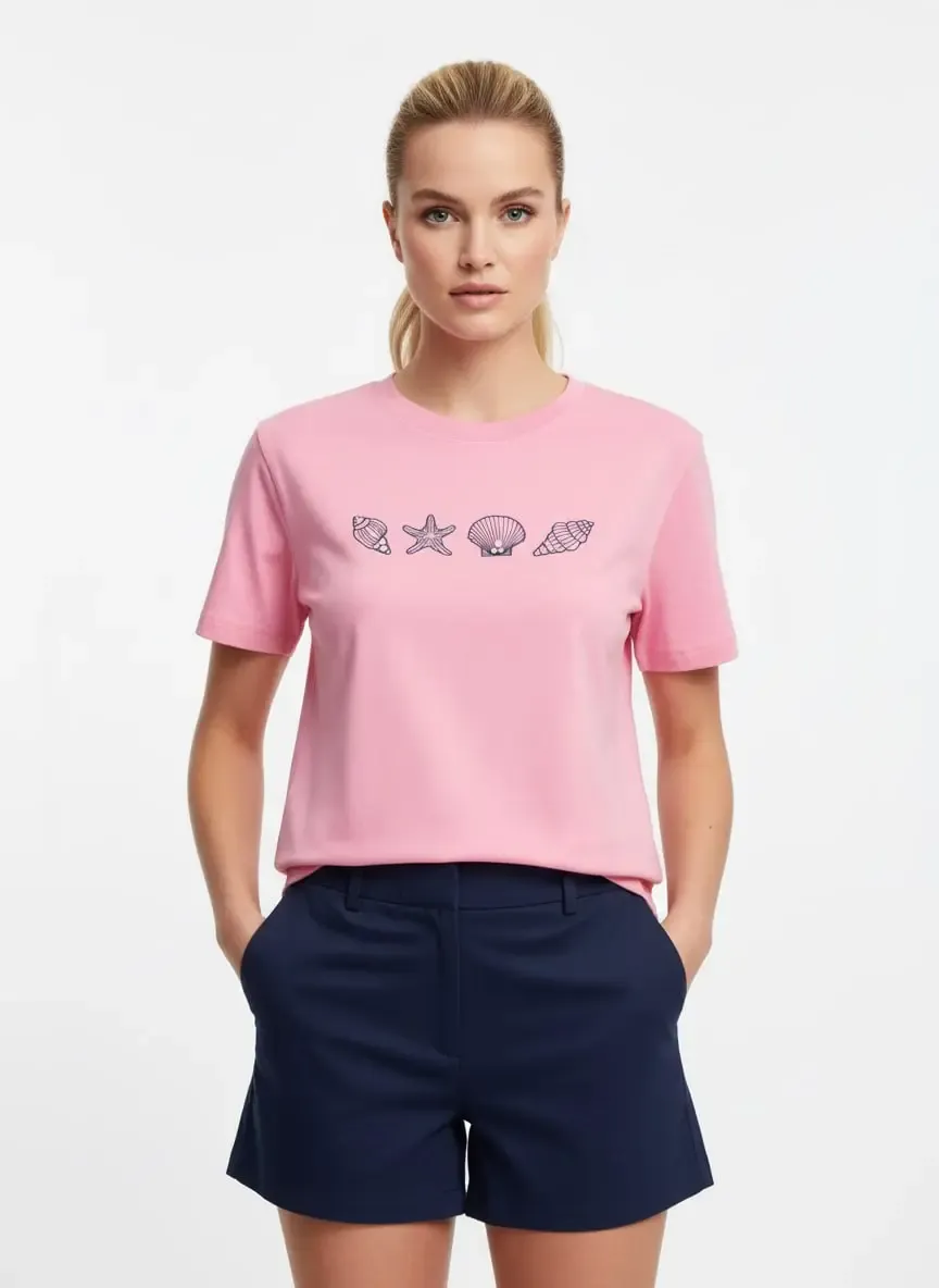 26027 %100 Pamuk Bisiklet Yaka Nakışlı İnci İşlemeli Penye Bluz