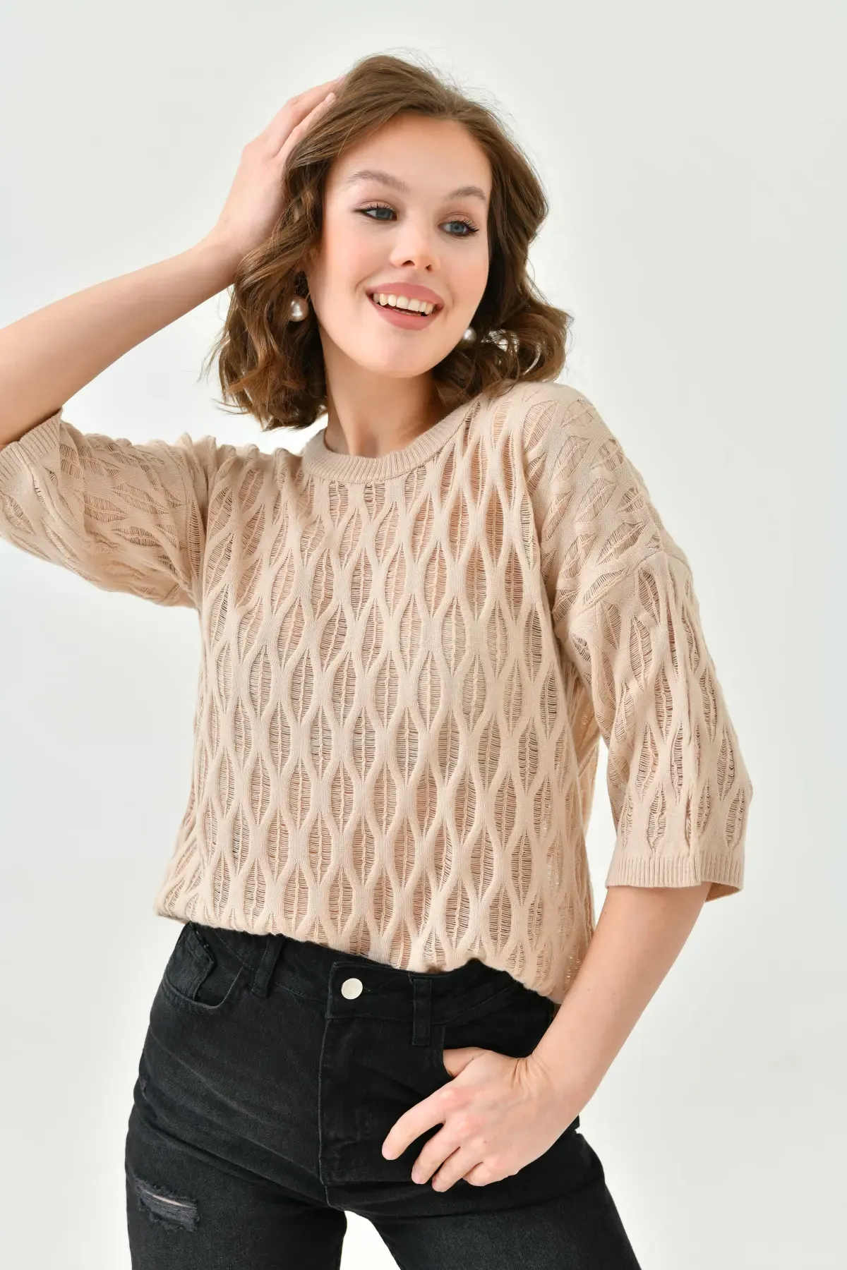 Kadın Bisiklet Yaka Örgü Detay Desenli Oversize Triko Kazak 10755