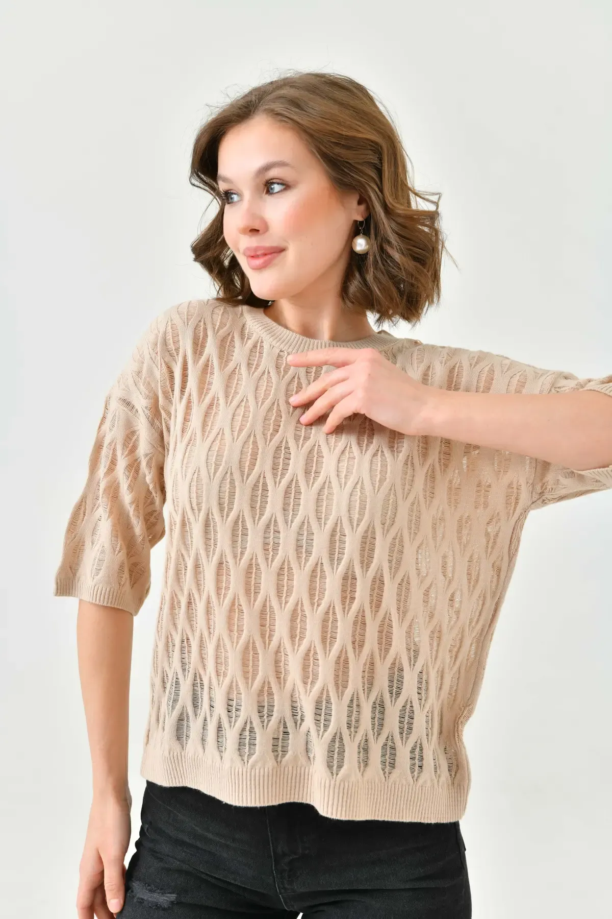 Kadın Bisiklet Yaka Örgü Detay Desenli Oversize Triko Kazak 10755