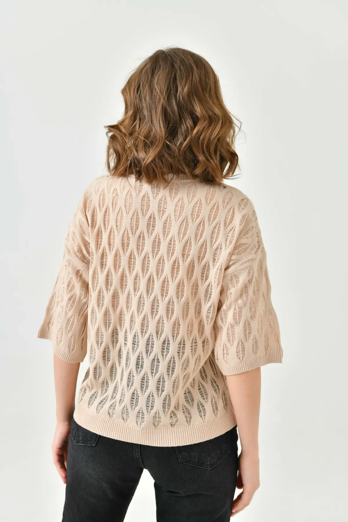 Kadın Bisiklet Yaka Örgü Detay Desenli Oversize Triko Kazak 10755