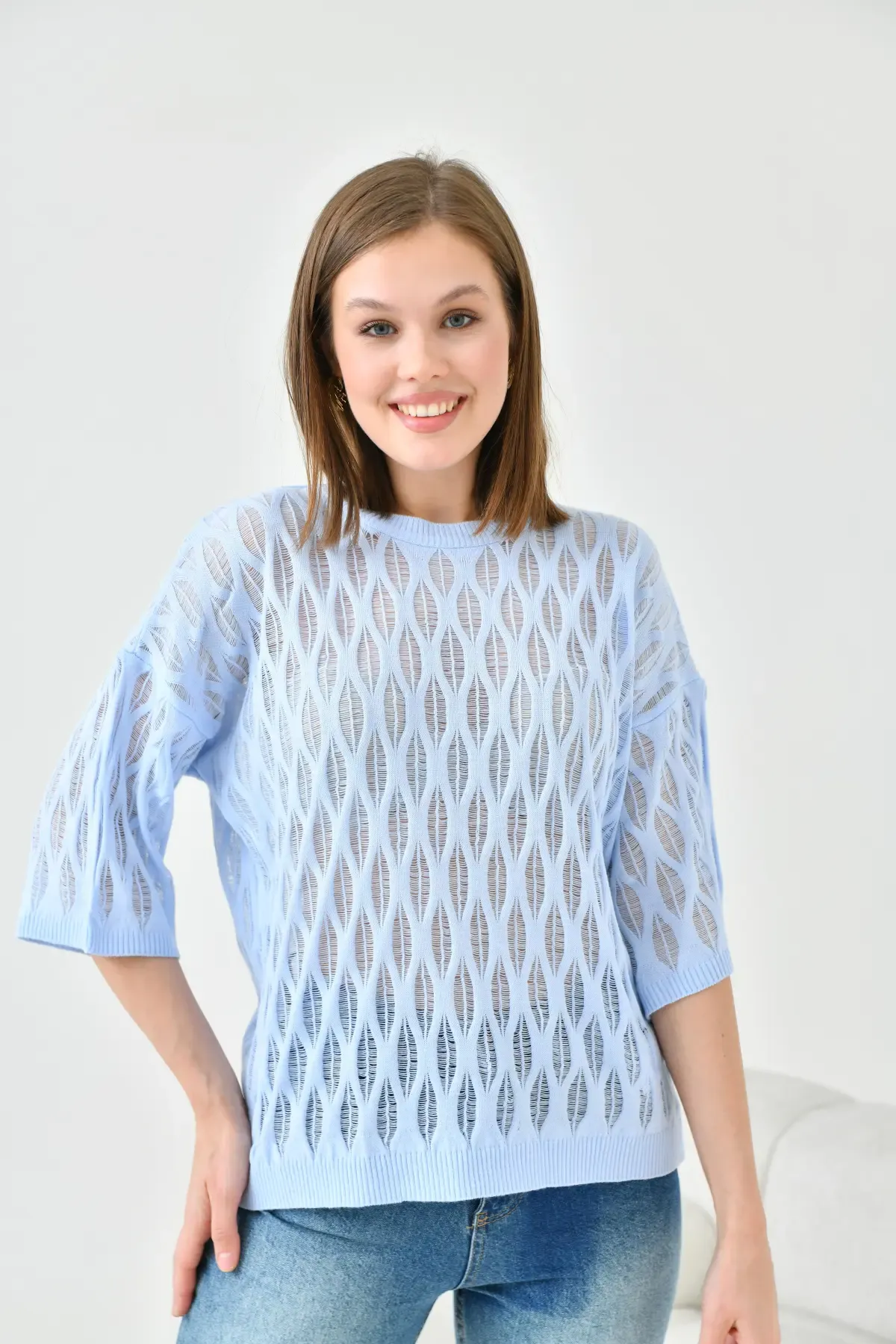 Kadın Bisiklet Yaka Örgü Detay Desenli Oversize Triko Kazak 10755