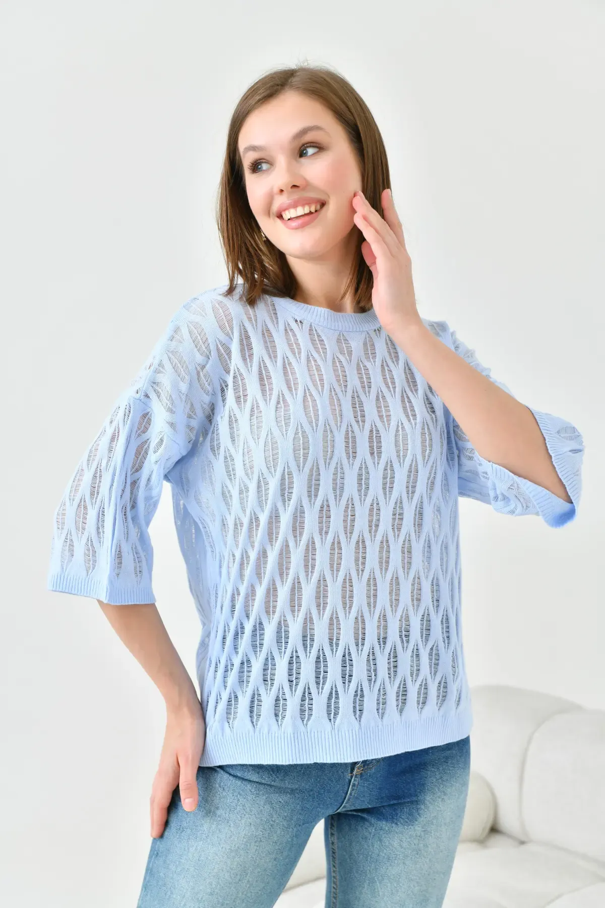 Kadın Bisiklet Yaka Örgü Detay Desenli Oversize Triko Kazak 10755