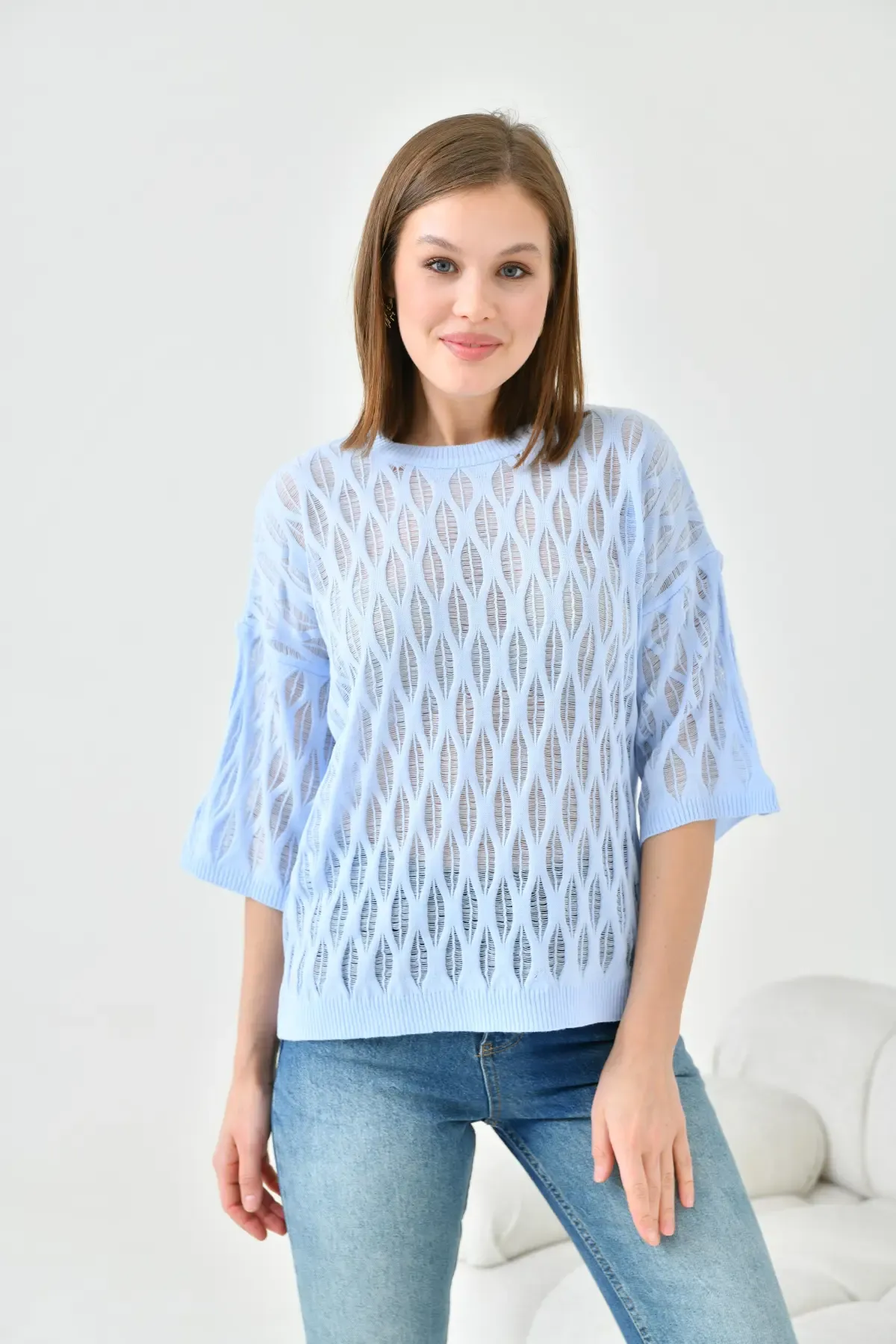 Kadın Bisiklet Yaka Örgü Detay Desenli Oversize Triko Kazak 10755