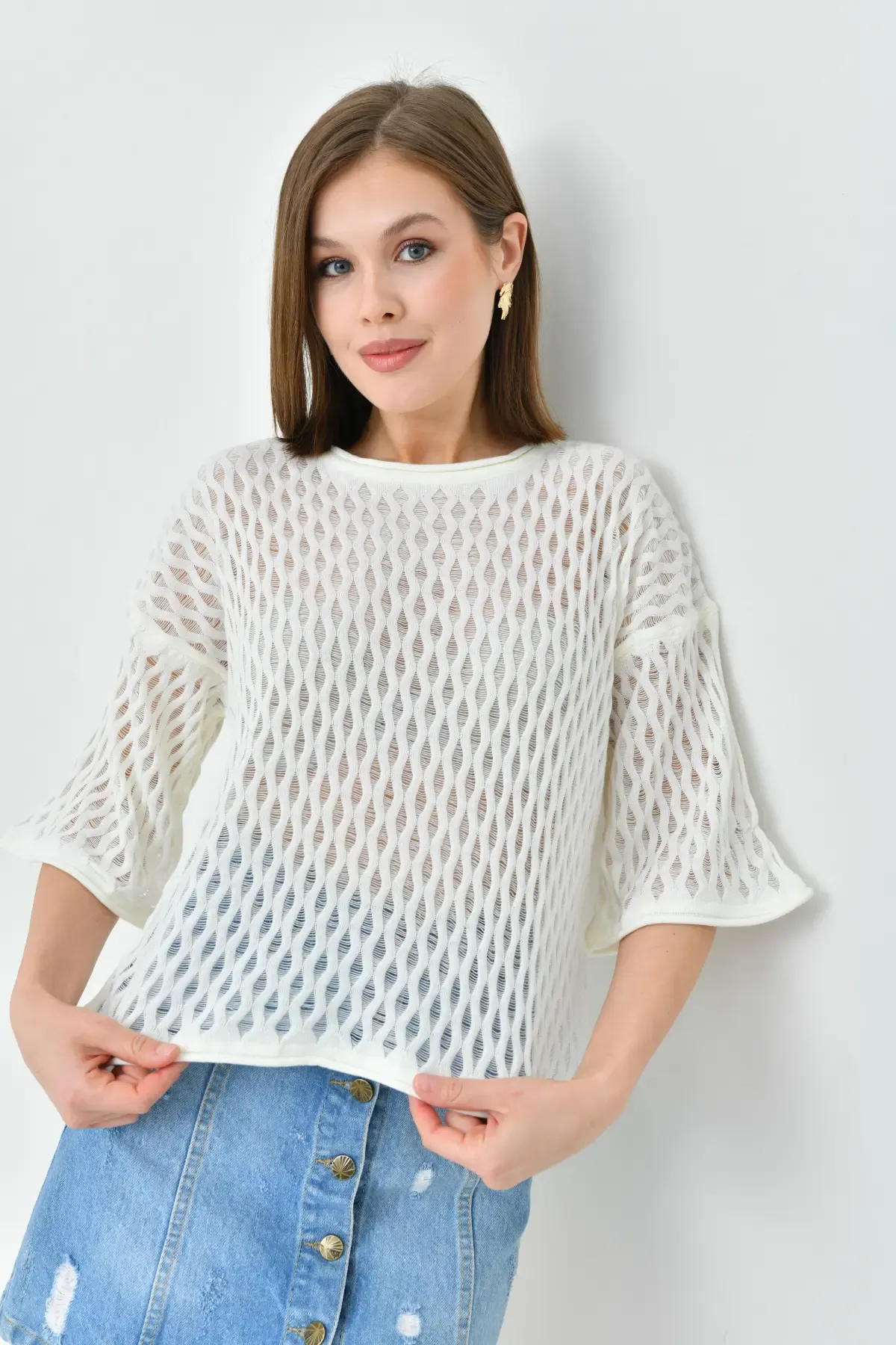 Kadın  Bisiklet Yaka Örgü Detay Triko Kazak 10720