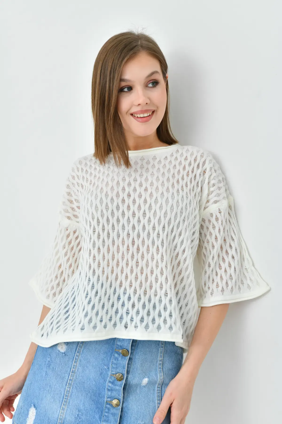 Kadın  Bisiklet Yaka Örgü Detay Triko Kazak 10720