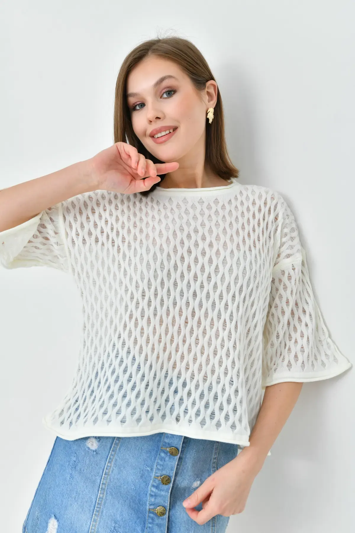 Kadın  Bisiklet Yaka Örgü Detay Triko Kazak 10720