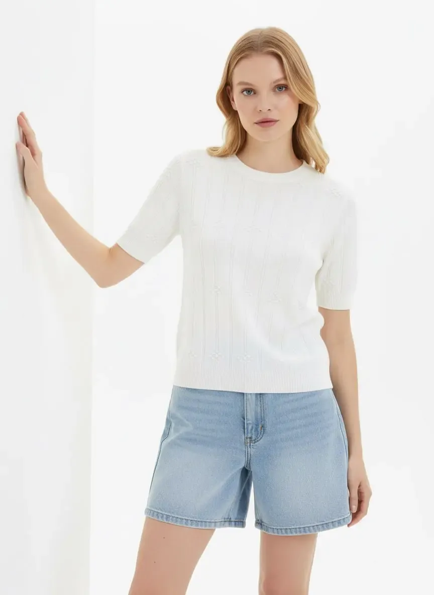 Kadın Bisiklet Yaka Örgü Detay Basic Triko Kazak 12464