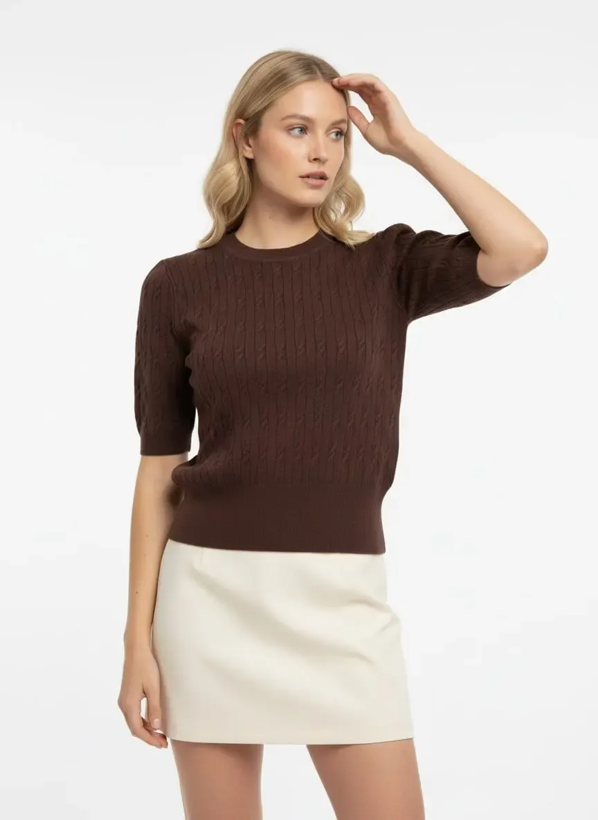 Kadın Bisiklet Yaka Saç Örgü Dokulu Premium İplik Triko Kazak 12140.Crs