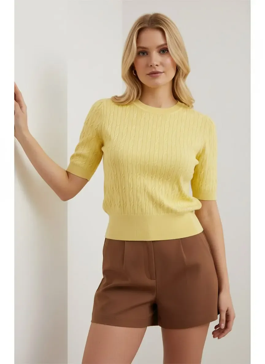 Kadın Bisiklet Yaka Saç Örgü Dokulu Premium İplik Triko Kazak 12140.Crs