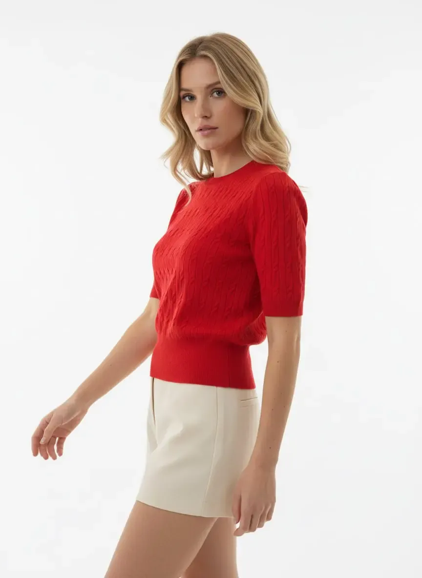 Kadın Bisiklet Yaka Saç Örgü Dokulu Premium İplik Triko Kazak 12140.Crs