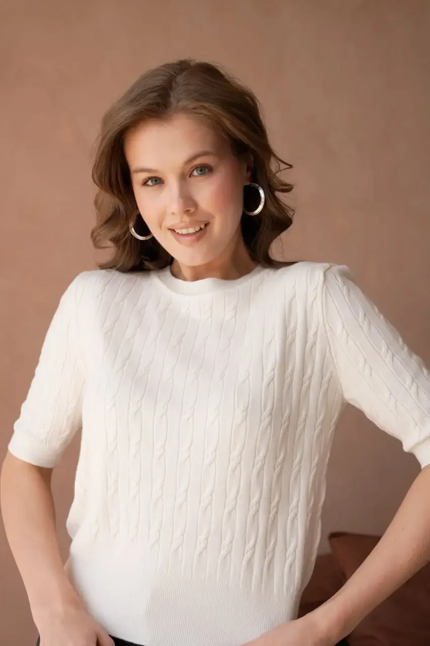 Kadın Bisiklet Yaka Saç Örgü Dokulu Premium İplik Triko Kazak 12140.Crs