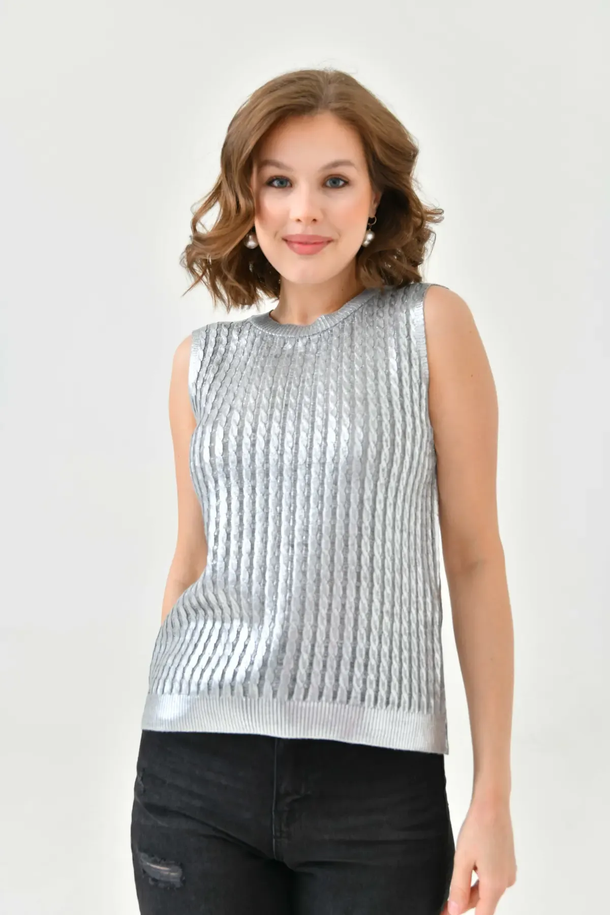 Kadın Bisiklet Yaka Saç Örgü Varaklı Triko Bluz 10741