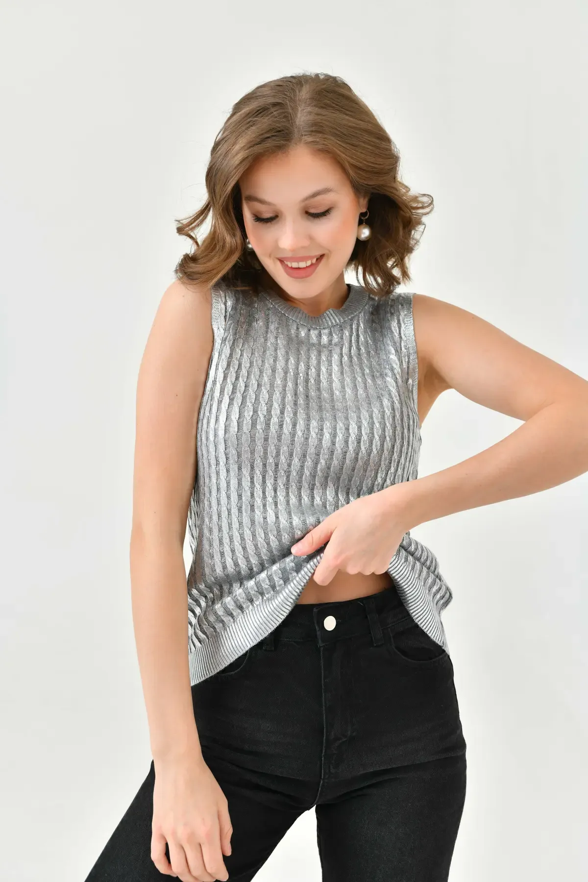 Kadın Bisiklet Yaka Saç Örgü Varaklı Triko Bluz 10741