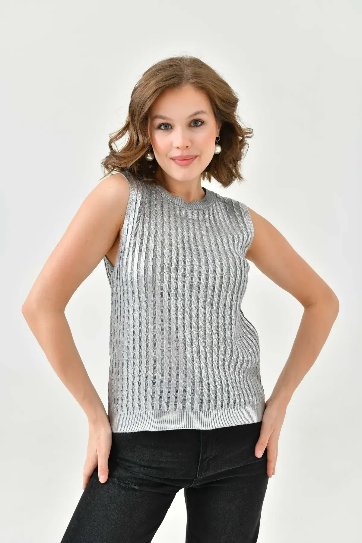 Kadın Bisiklet Yaka Saç Örgü Varaklı Triko Bluz 10741