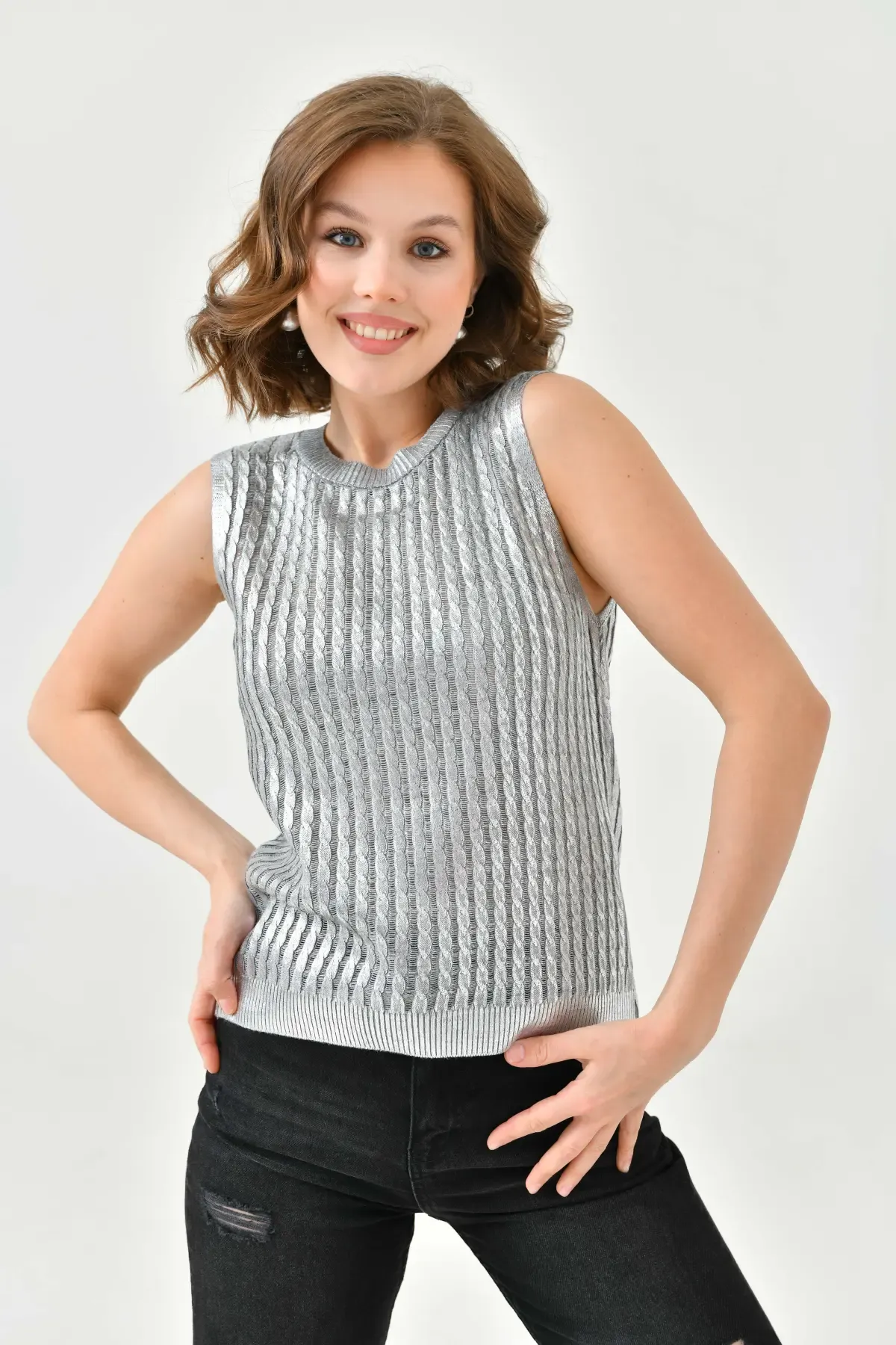 Kadın Bisiklet Yaka Saç Örgü Varaklı Triko Bluz 10741