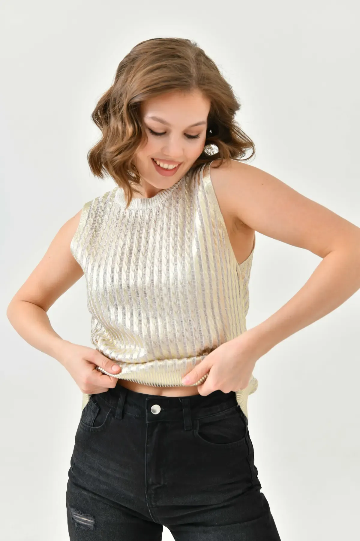 Kadın Bisiklet Yaka Saç Örgü Varaklı Triko Bluz 10741