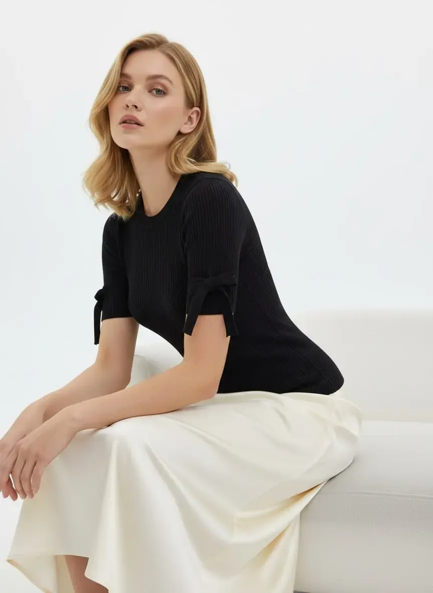 Kadın Bisiklet Yaka Selanik Örgü Fiyonk Detay Triko Kazak 12416