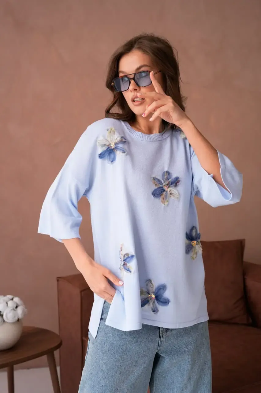 Kadın Bisiklet Yaka Yanları Yırtmaçlı Aplikeli Oversize Triko Kazak