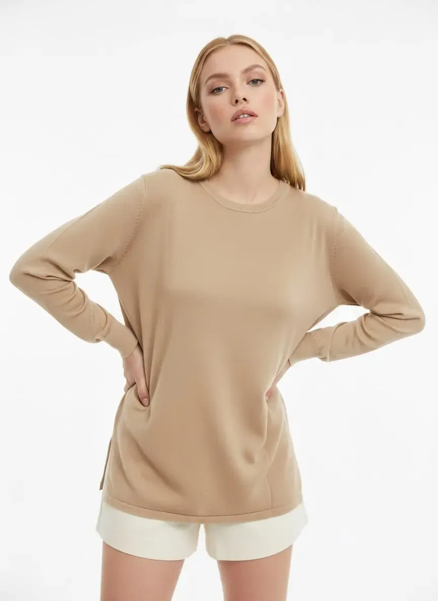 Kadın Bisiklet Yaka yanları Yırtmaçlı Premium İplik Salaş Triko Kazak 12410.Vrt