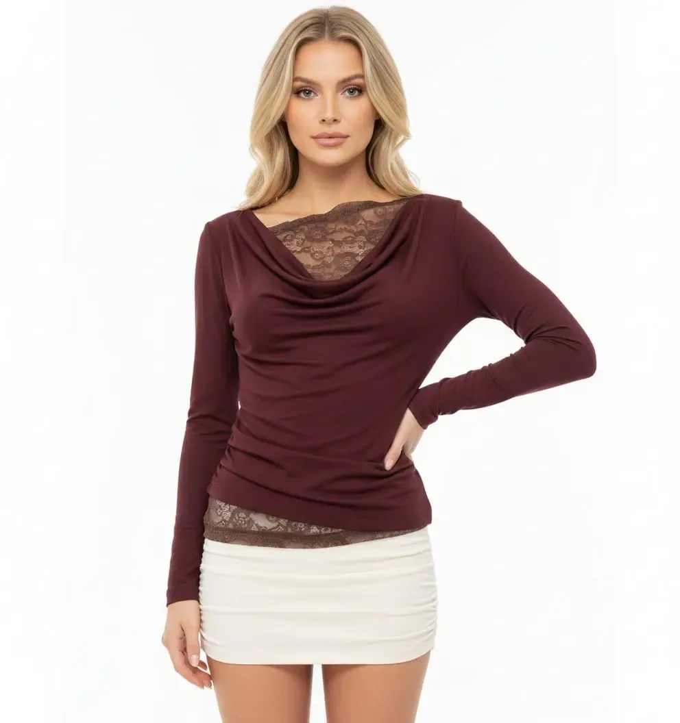 Kadın Degaje Yaka Dantel Detay Viskon Penye Bluz 13014