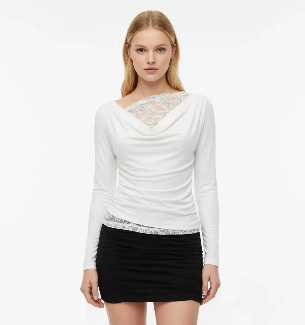 Kadın Degaje Yaka Dantel Detay Viskon Penye Bluz 13014