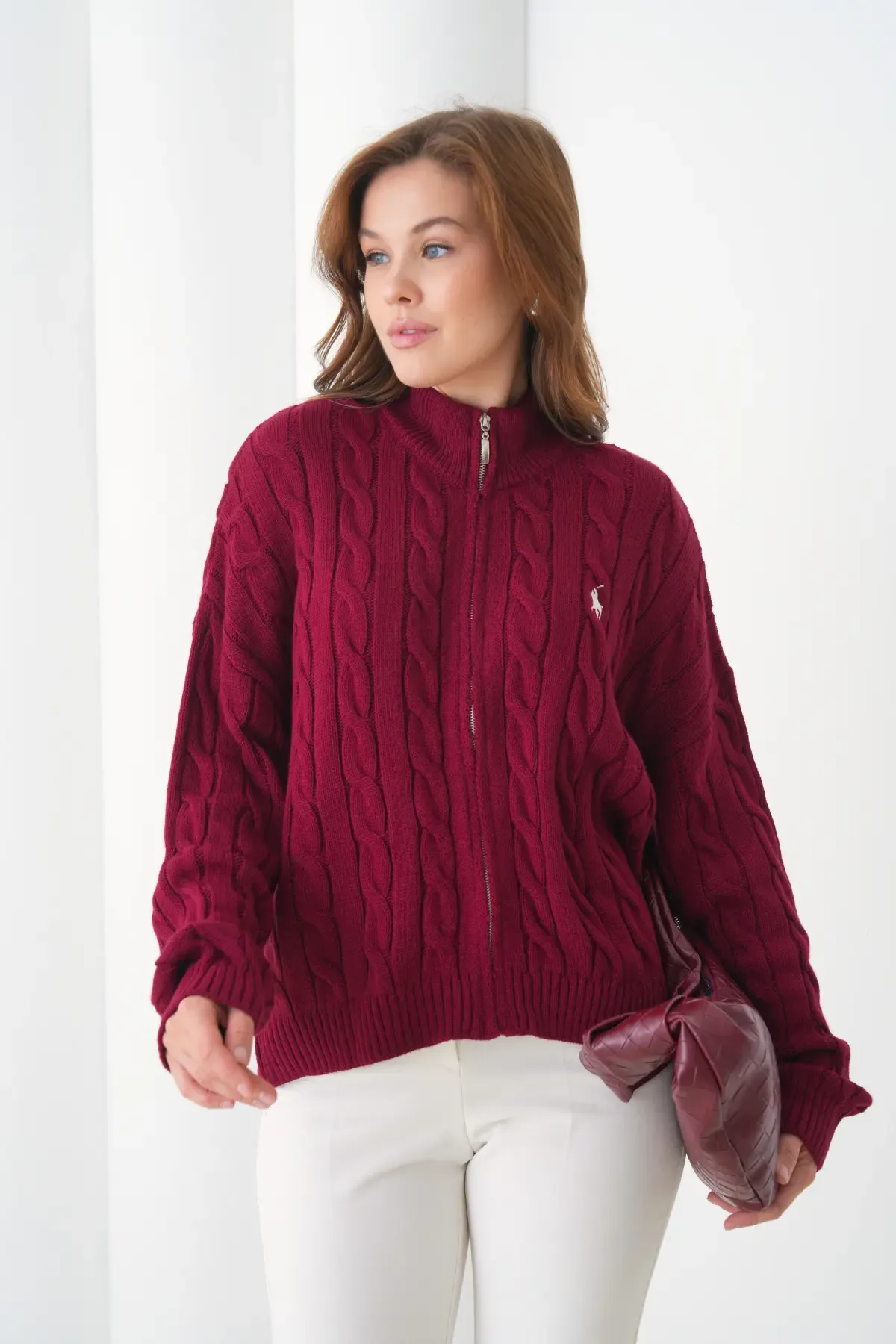 Kadın Dik Yaka Saç Örgü Fermuar Kapama  Triko Ceket 8687