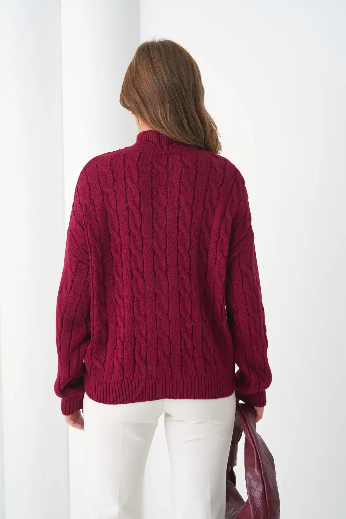 Kadın Dik Yaka Saç Örgü Fermuar Kapama  Triko Ceket 8687