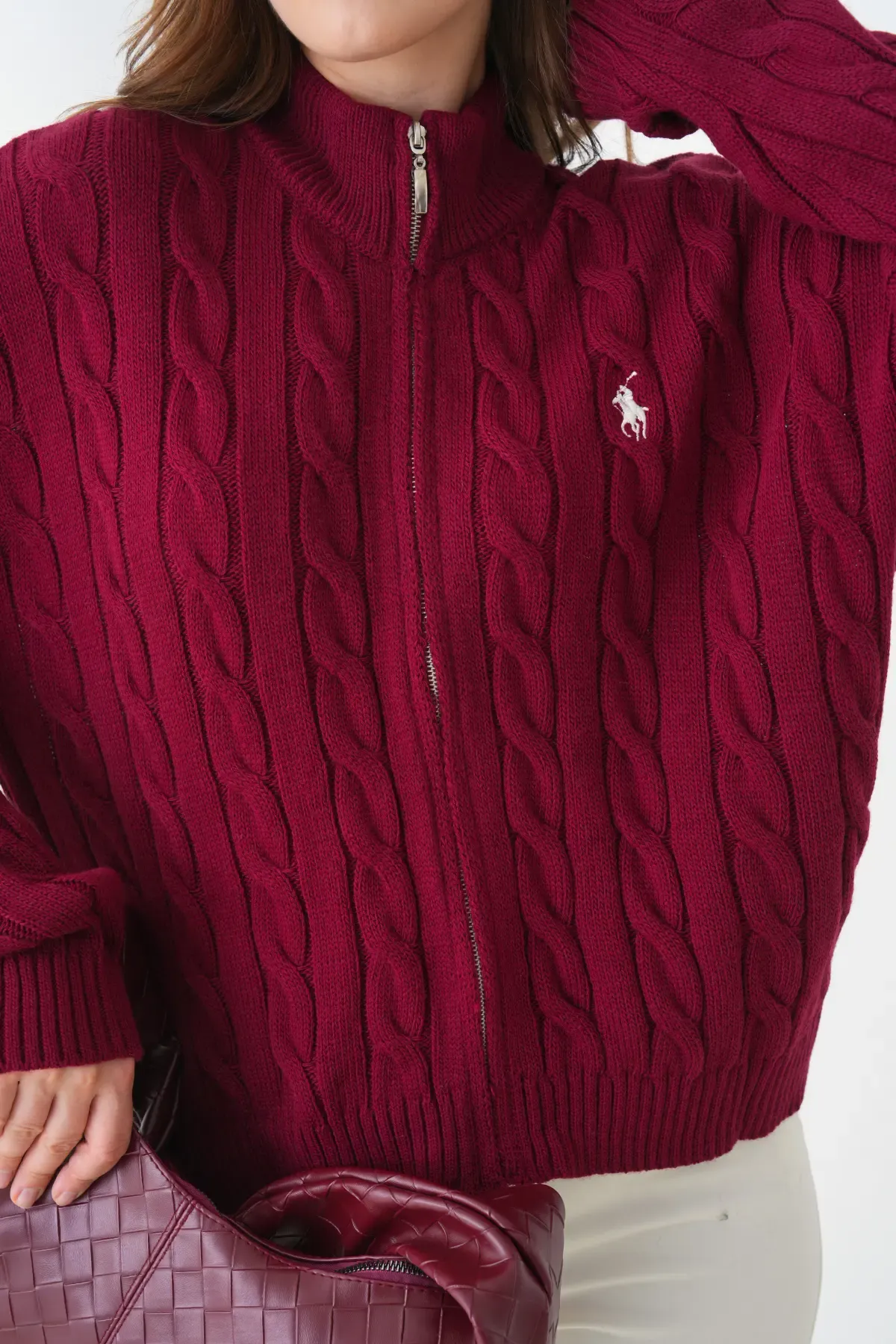 Kadın Dik Yaka Saç Örgü Fermuar Kapama  Triko Ceket 8687