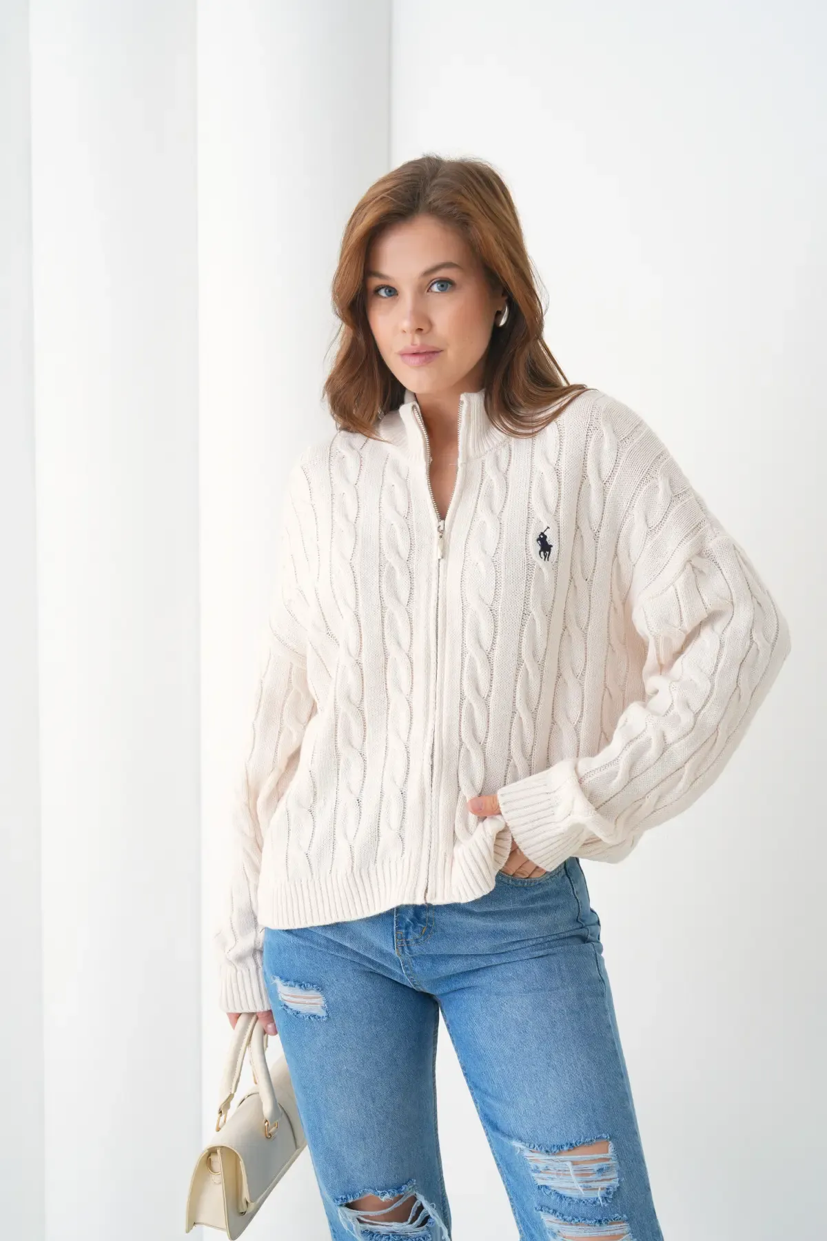 Kadın Dik Yaka Saç Örgü Fermuar Kapama  Triko Ceket 8687