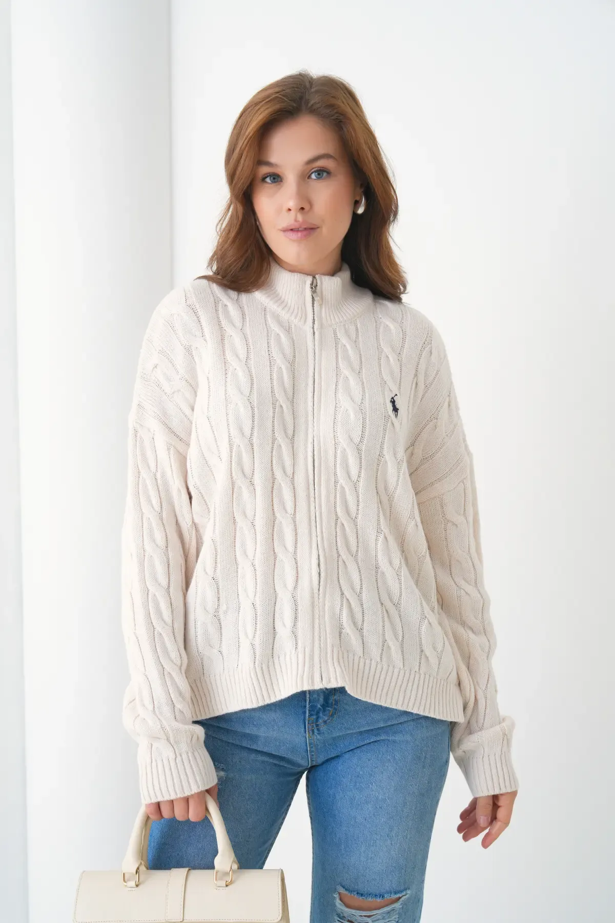 Kadın Dik Yaka Saç Örgü Fermuar Kapama  Triko Ceket 8687