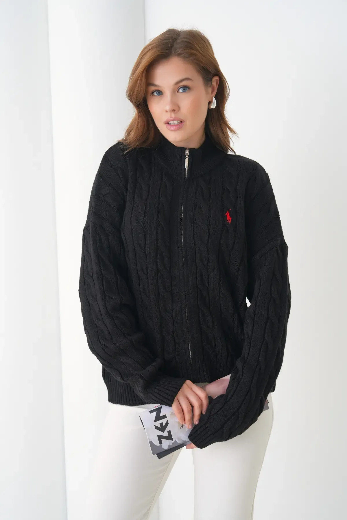 Kadın Dik Yaka Saç Örgü Fermuar Kapama  Triko Ceket 8687