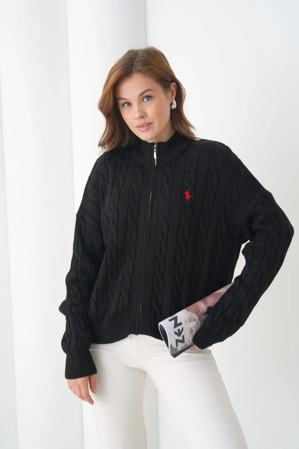 Kadın Dik Yaka Saç Örgü Fermuar Kapama  Triko Ceket 8687