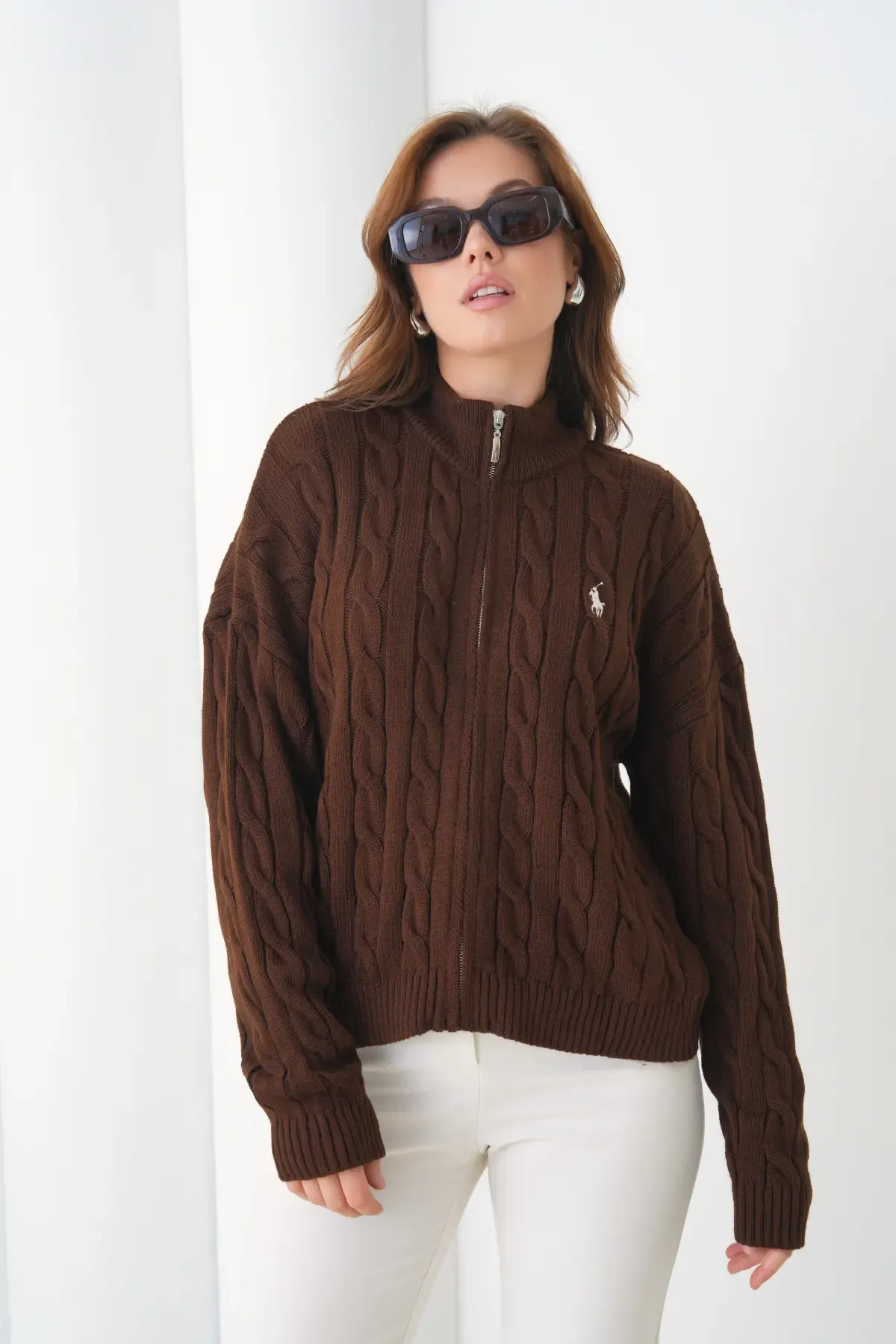 Kadın Dik Yaka Saç Örgü Fermuar Kapama  Triko Ceket 8687