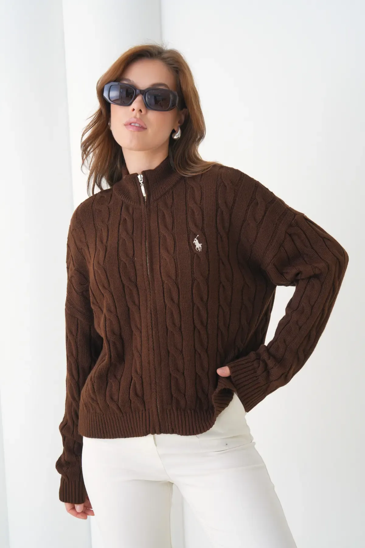 Kadın Dik Yaka Saç Örgü Fermuar Kapama  Triko Ceket 8687