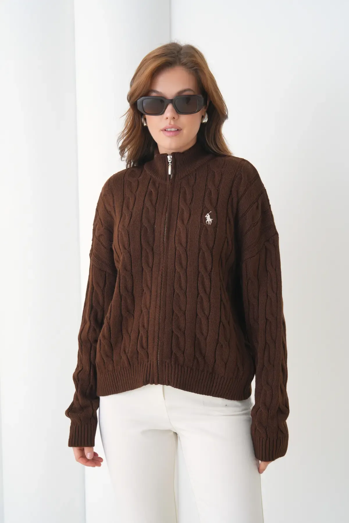 Kadın Dik Yaka Saç Örgü Fermuar Kapama  Triko Ceket 8687