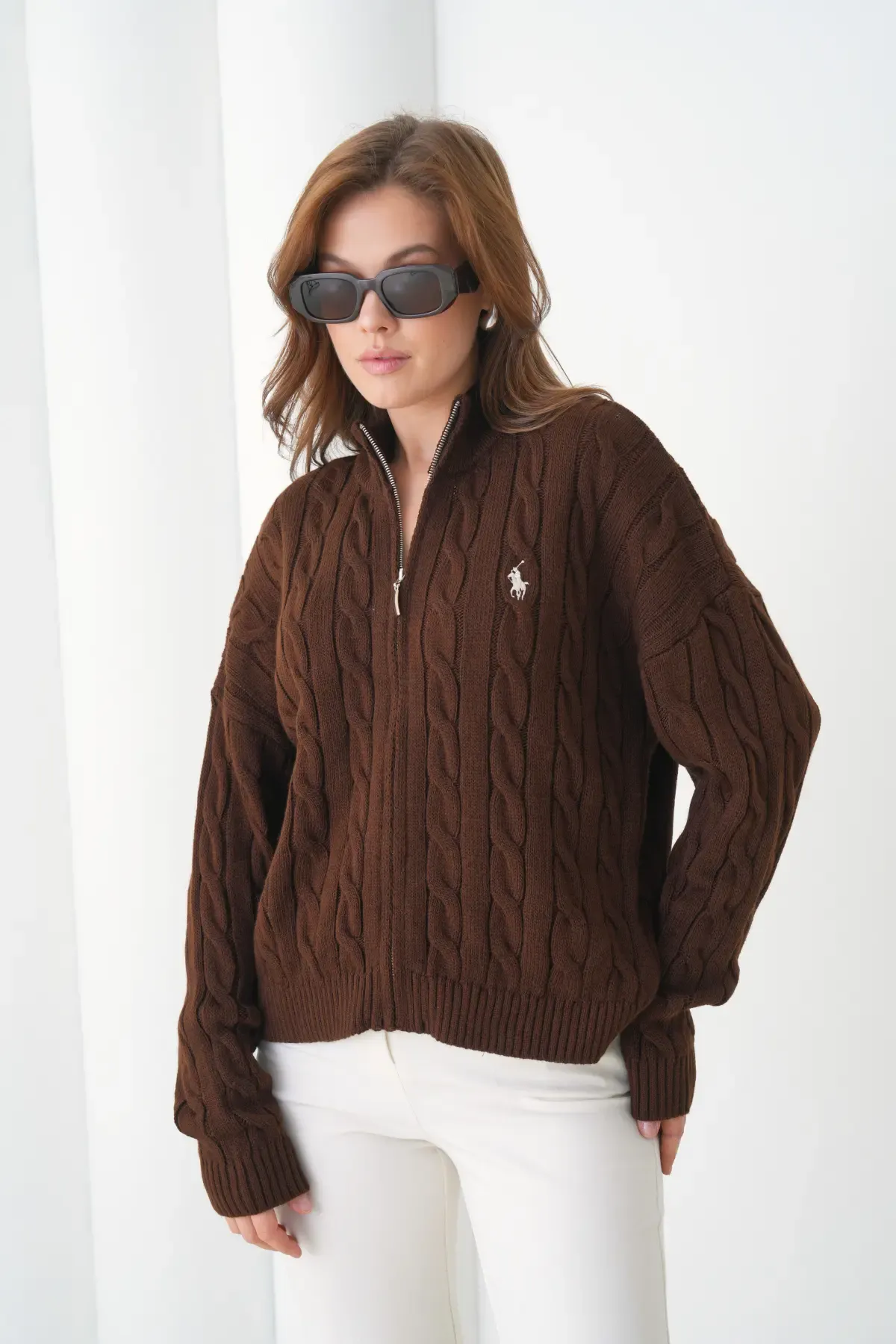 Kadın Dik Yaka Saç Örgü Fermuar Kapama  Triko Ceket 8687