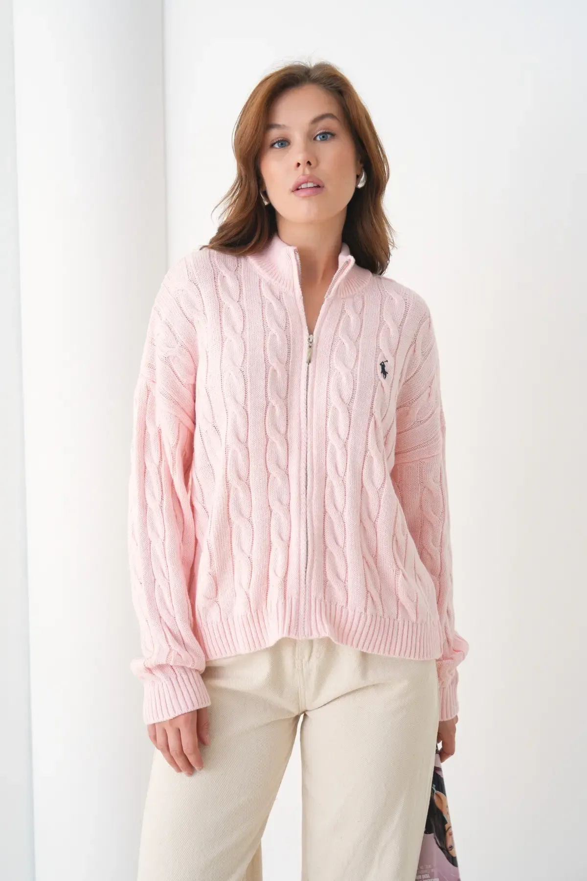 Kadın Dik Yaka Saç Örgü Fermuar Kapama  Triko Ceket 8687