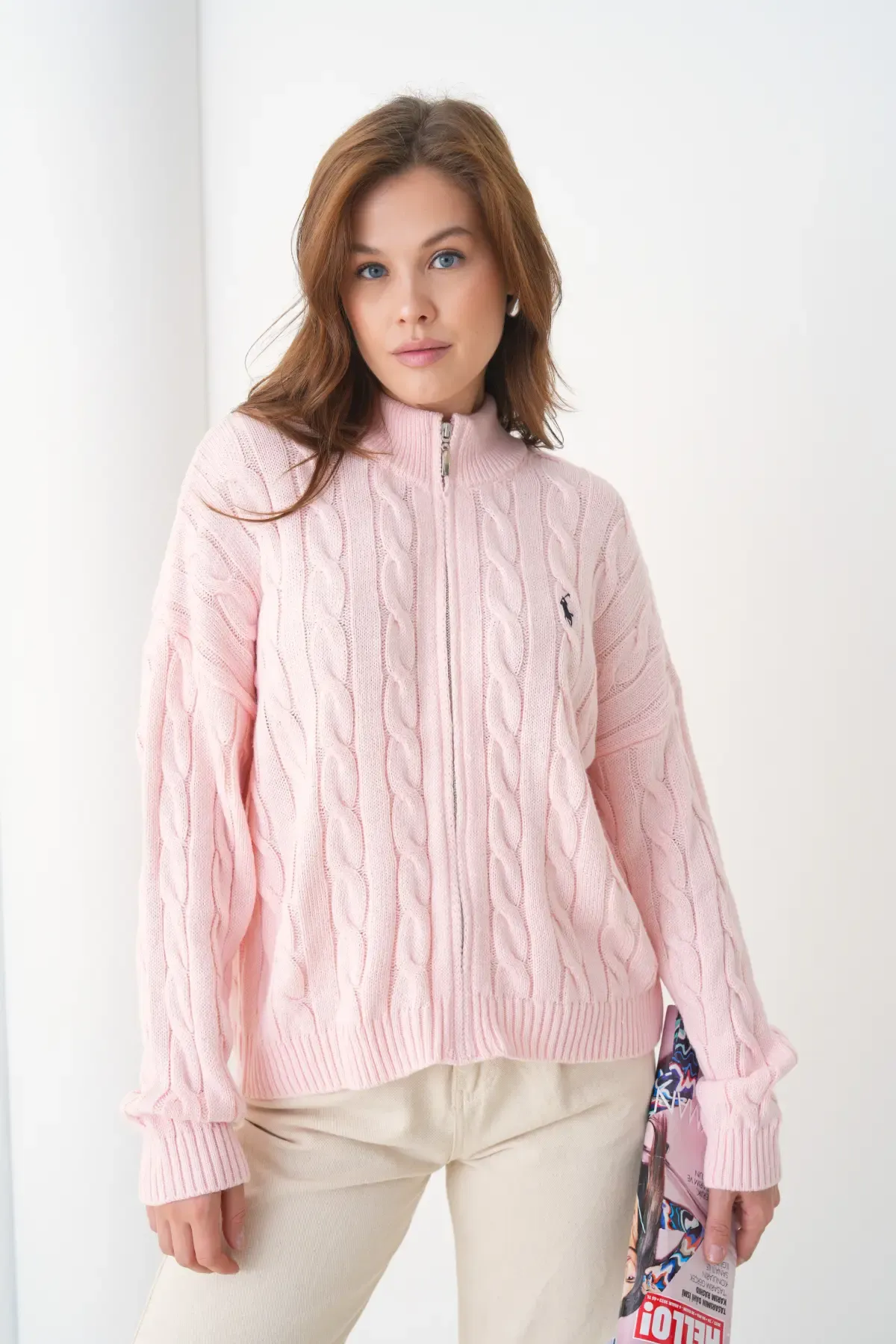 Kadın Dik Yaka Saç Örgü Fermuar Kapama  Triko Ceket 8687