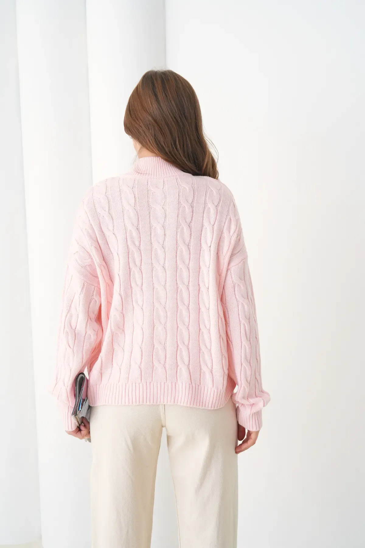 Kadın Dik Yaka Saç Örgü Fermuar Kapama  Triko Ceket 8687