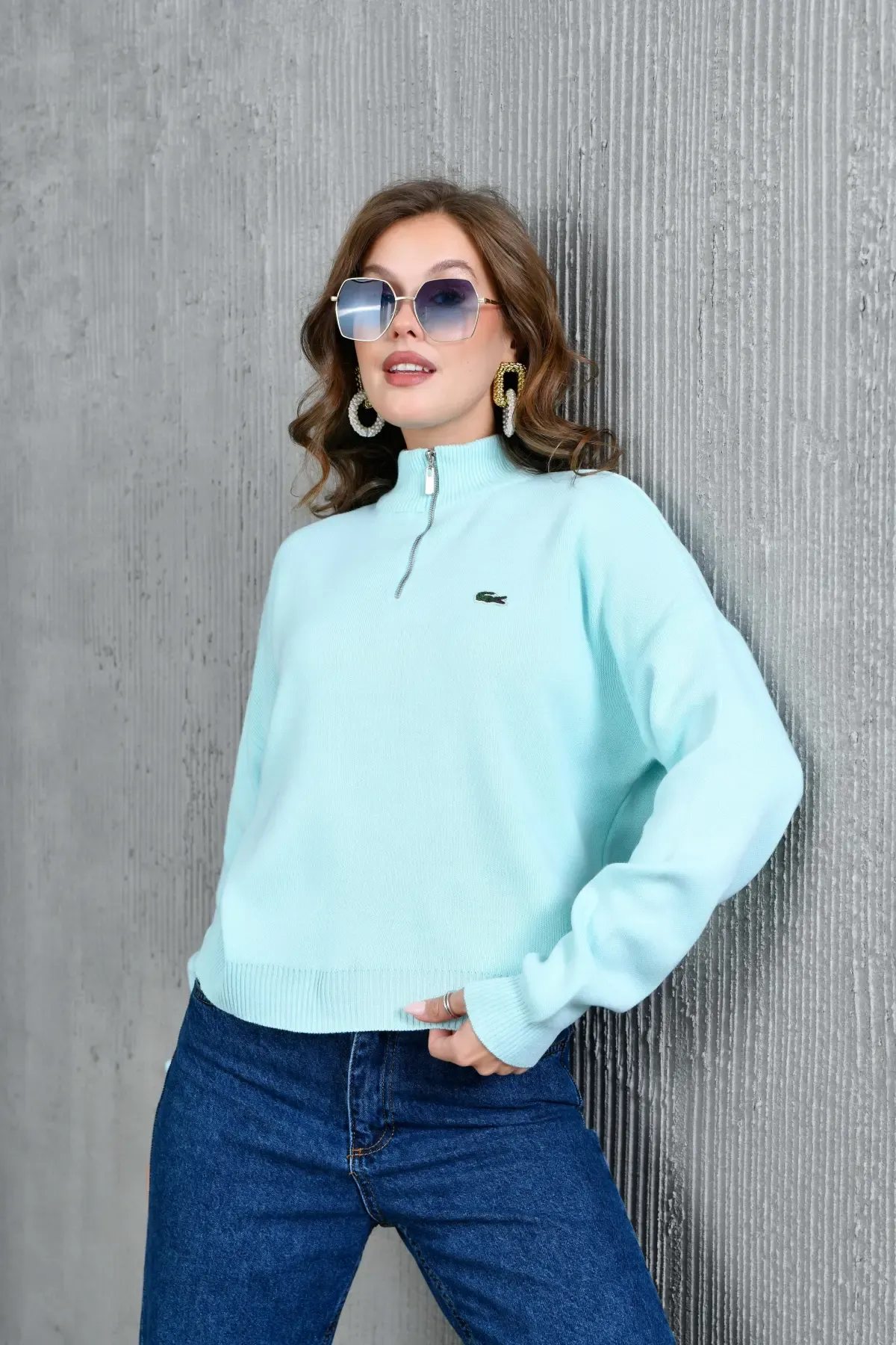 Kadın Dik Yaka Yarım Pat Fermuar Triko Kazak 10948