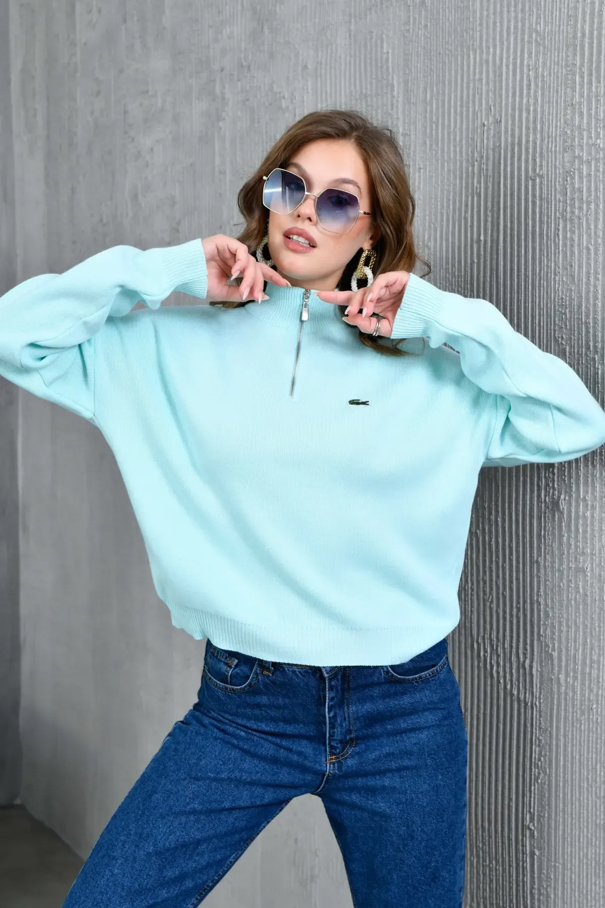 Kadın Dik Yaka Yarım Pat Fermuar Triko Kazak 10948